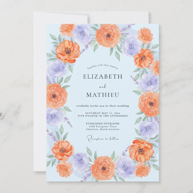 Convite Casamento Azul Azulado Ranunculus Eucalipto (Frente)