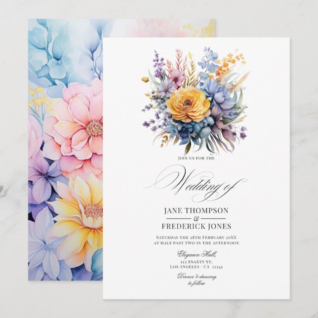 Convite Casamento Azul Bebê, Amarelo Creme e Rosa Pastel (Frente/Verso)
