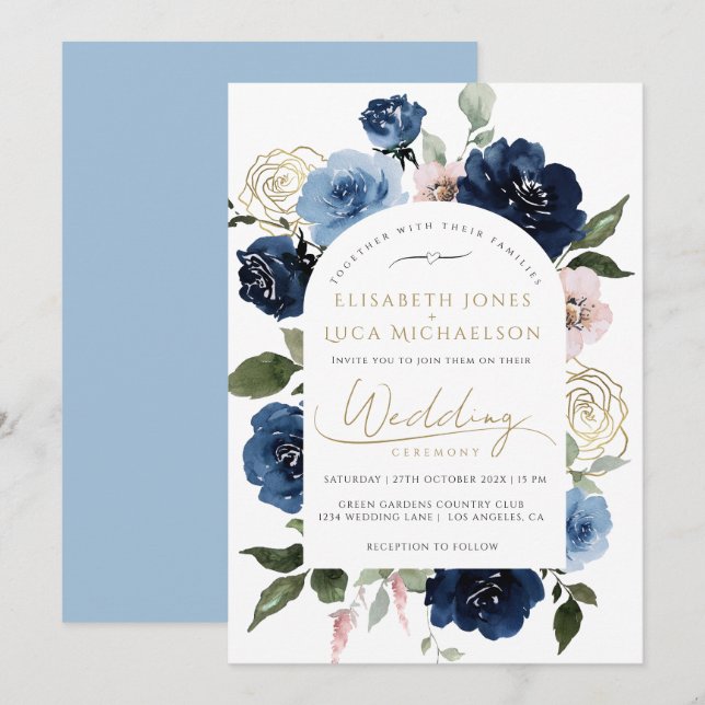 Convite Casamento Azul Botânico com Blush de Marinho Doura (Frente/Verso)