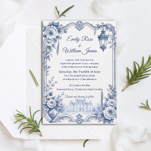 Convite Casamento Azul Branco com Chinoiserie Floral em Pr