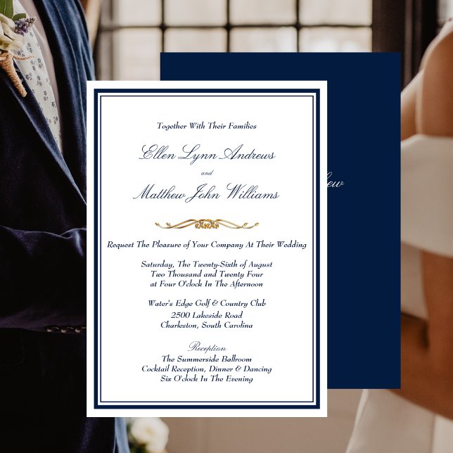 Convite Casamento azul, branco e Dourado do Marinho Elegan (Elegant Navy Blue, White and Gold Wedding Invitation)