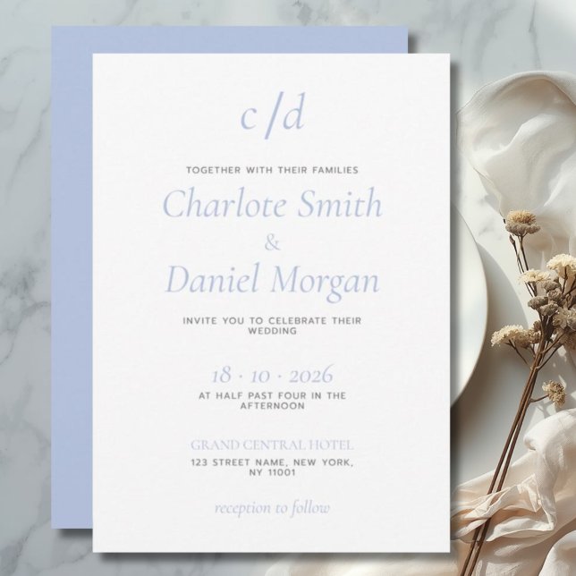 Convite Casamento azul branco moderno minimalista (Criador carregado)
