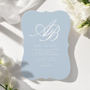 Convite Casamento Azul Branco Monograma Elegante