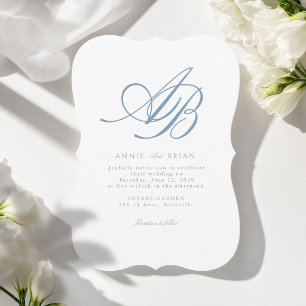 Convite Casamento Azul Branco Monograma Elegante