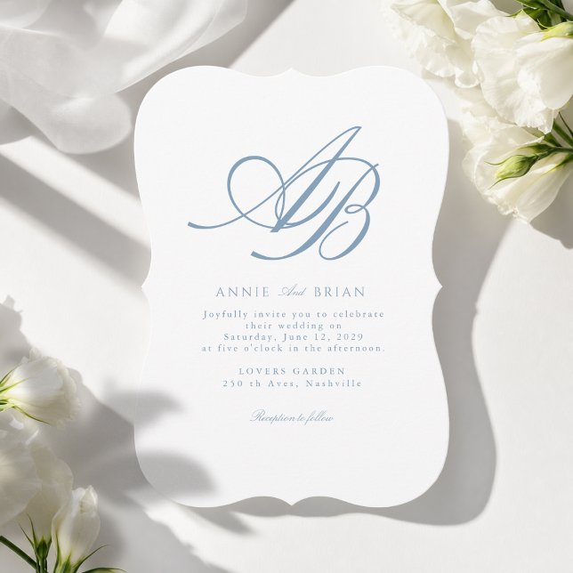 Convite Casamento Azul Branco Monograma Elegante (Elegant Monogram Blue White Wedding Invitation)