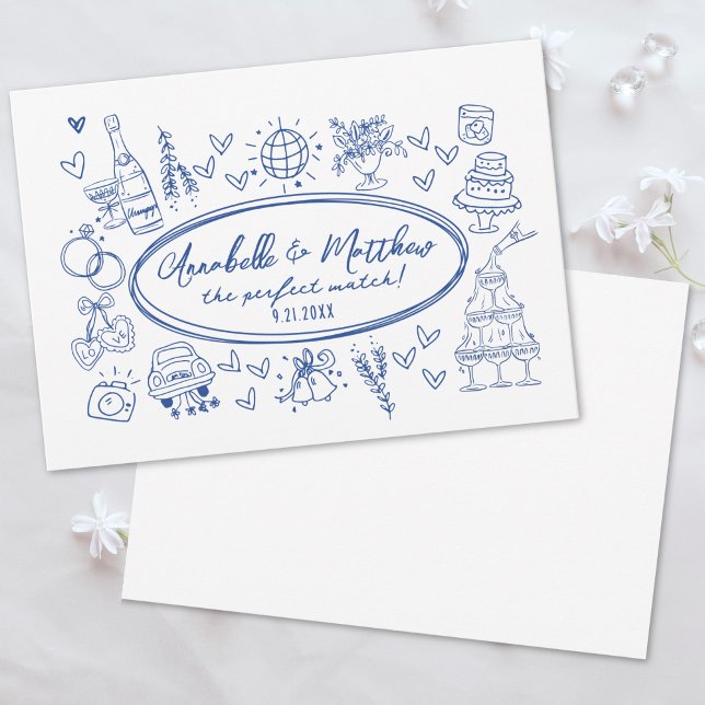 Convite Casamento Azul Caprichoso à Mão Desenhado à Mão (Hand Drawn Handwritten Blue Whimsical Wedding Invitation)