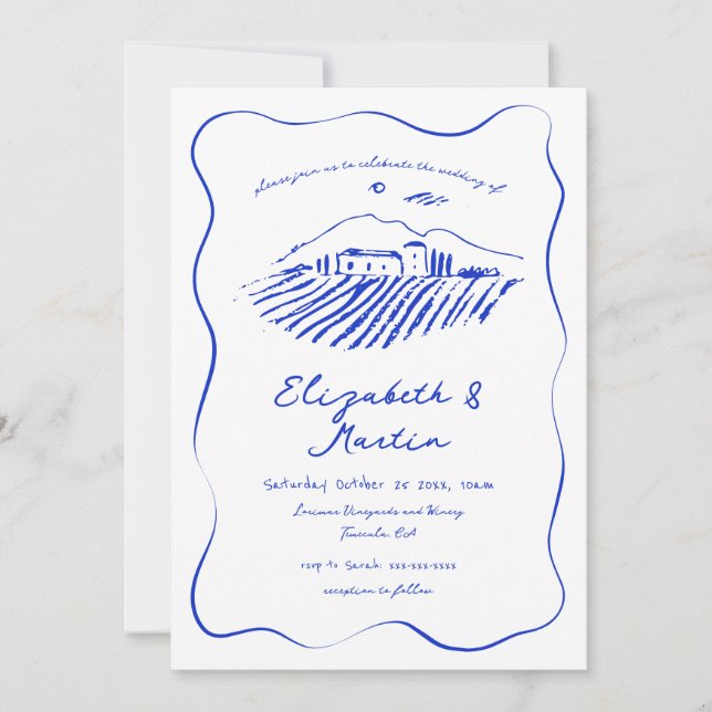Convite Casamento Azul Caprichoso com Videira e Bordas Ond (Frente)
