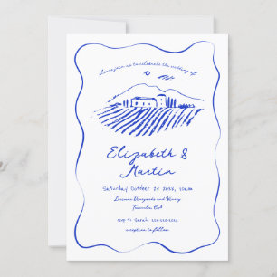 Convite Casamento Azul Caprichoso com Videira e Bordas Ond