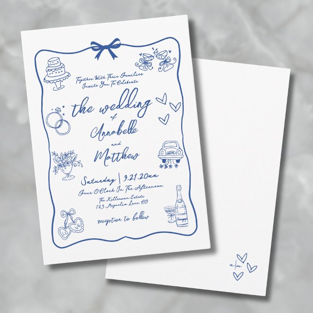 Convite Casamento Azul Caprichoso Desenhado à Mão (Hand Drawn Whimsical Blue Wedding Invitation)