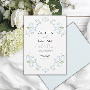 Convite Casamento Azul Caprichoso Vintage Elegante