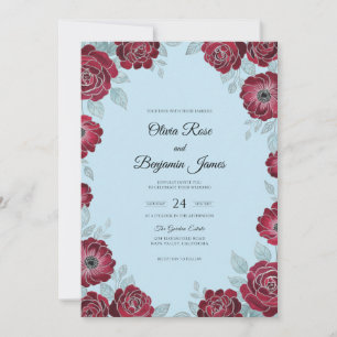 Convite Casamento Azul Celeste Papoula Borgonha