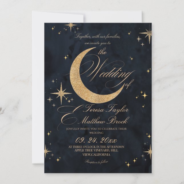 Convite Casamento Azul Celestial & Áureo Temperamental  (Frente)