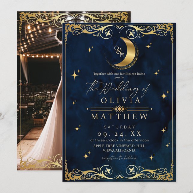 Convite Casamento Azul Celestial Elegante (Frente/Verso)
