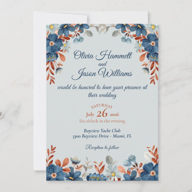 Convite Casamento Azul Centáurea e Cobre (Frente)