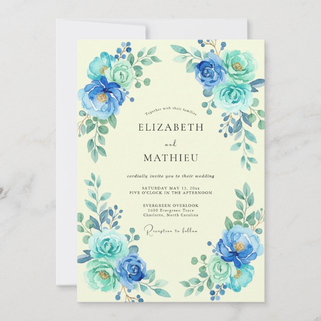 Convite Casamento Azul Cerúleo Ranunculus Eucalipto (Frente)