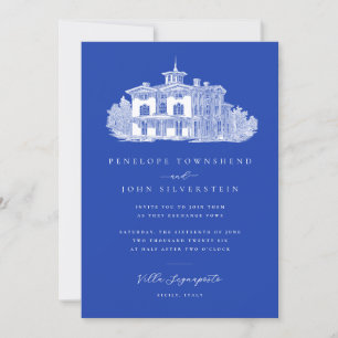 Convite Casamento Azul Chic - Ilustração De Villa Italiana