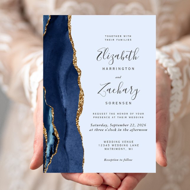 Convite Casamento Azul Claro Ágata Dourada Marinha Moderna (Criador carregado)