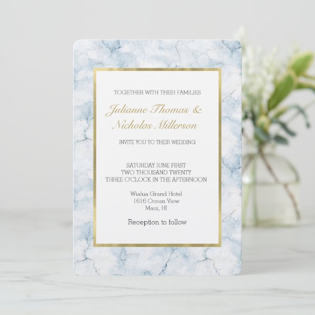 Convite Casamento Azul Claro Chic Bonito (Em pé/Frente)