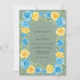 Convite Casamento Azul Claro Dourado Ranunculus Sage