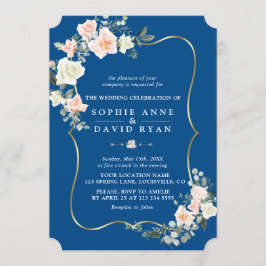 Convite Casamento Azul Clássico Dourado das Flores Brancas