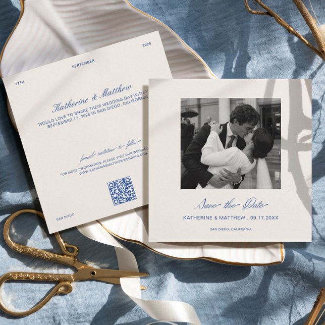 Convite Casamento Azul Cobalto Foto de Salvar a Data do Ca (Criador carregado)