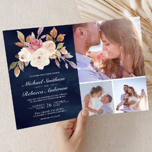 Convite Casamento Azul Código QR Foto Floral Marfim Rosa E