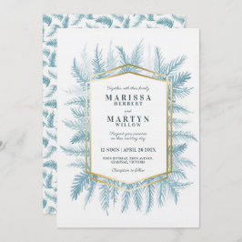 Convite Casamento azul com cor azul de folhagem verde-esve