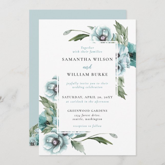 Convite Casamento Azul com Derramamento Floral Rustic Wate (Frente/Verso)
