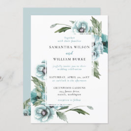 Convite Casamento Azul com Derramamento Floral Rustic Wate