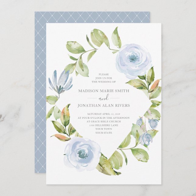 Convite Casamento Azul com Derrame de Diamante Floral Eleg (Frente/Verso)