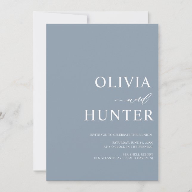 Convite Casamento Azul com Dusty, Caligrafia Moderna Elega (Frente)