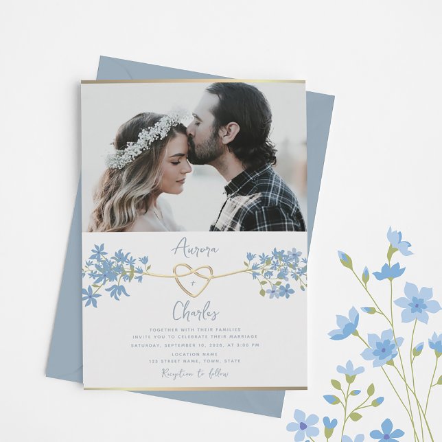 Convite Casamento Azul com Dusty de Flor Selvagem (Criador carregado)