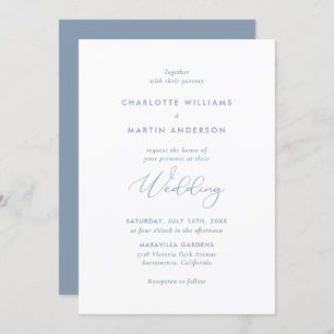 Convite Casamento Azul com Dusty de Script Moderno Elegant