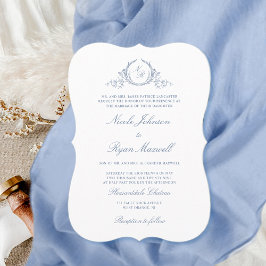 Convite Casamento Azul com Dusty Monograma Clássico Elegan
