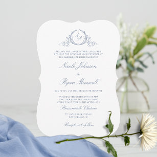 Convite Casamento Azul com Dusty Monograma Clássico Elegan