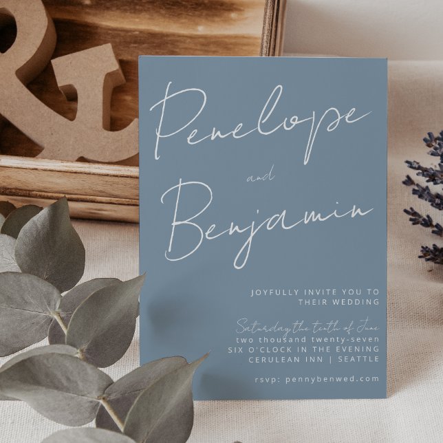 Convite Casamento Azul com Escrita Manual Moderna (Criador carregado)