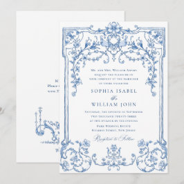Convite Casamento Azul com Grace Floral Dusty, Ornamentado