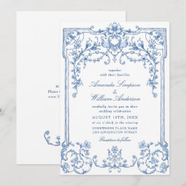 Convite Casamento Azul com Grace Floral Dusty, Ornamentado