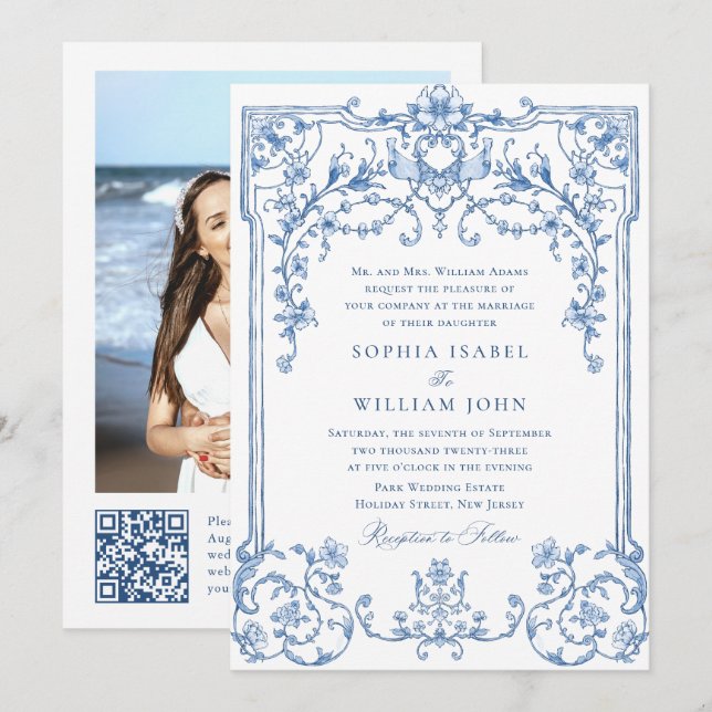 Convite Casamento Azul com Grace Floral Dusty, Ornamentado (Frente/Verso)