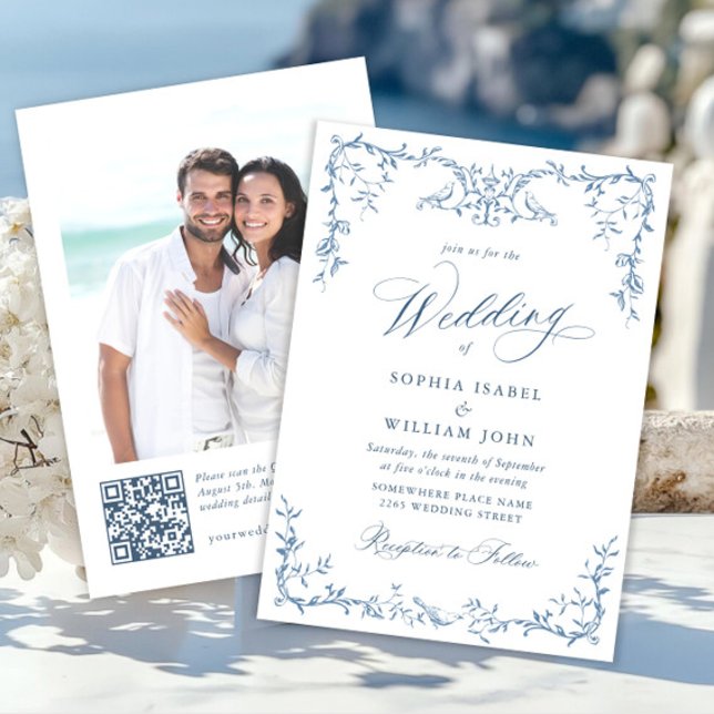 Convite Casamento Azul com Grace Floral Dusty, Ornamentado (Criador carregado)