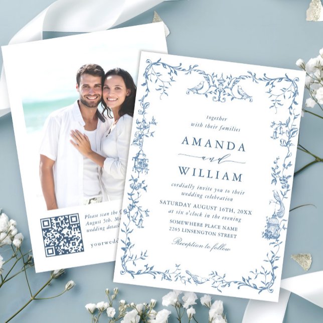 Convite Casamento Azul com Grace Floral Dusty, Ornamentado (Criador carregado)