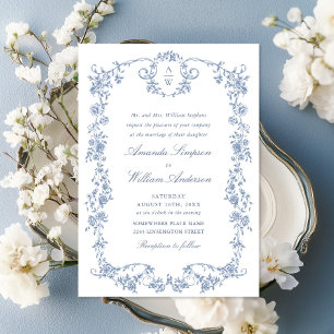 Convite Casamento Azul com Grace Floral Dusty, Ornamentado