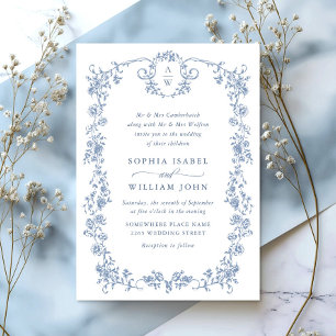 Convite Casamento Azul com Grace Floral Dusty, Ornamentado