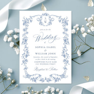 Convite Casamento Azul com Grace Floral Dusty, Ornamentado