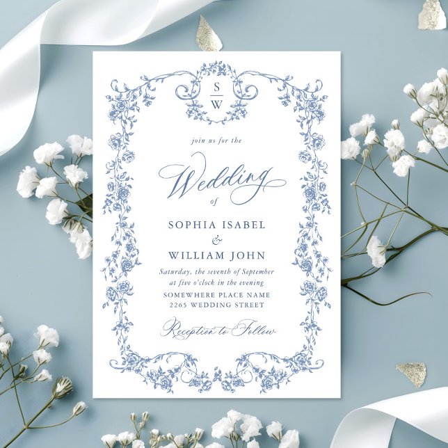 Convite Casamento Azul com Grace Floral Dusty, Ornamentado (Criador carregado)