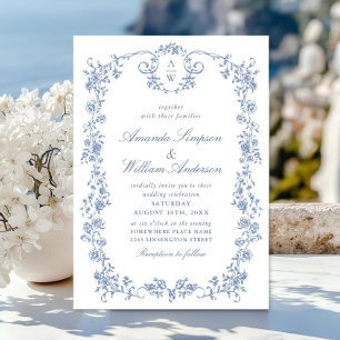 Convite Casamento Azul com Grace Floral Dusty, Ornamentado