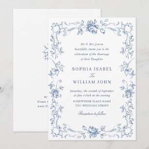 Convite Casamento Azul com Grace Floral Dusty, Ornamentado