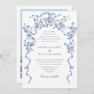 Convite Casamento Azul com Grace Floral Dusty, Ornamentado