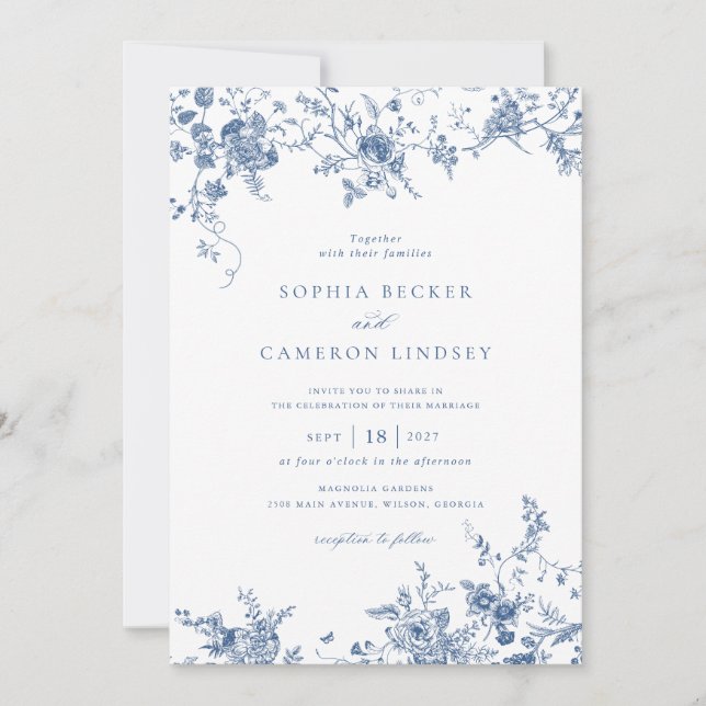 Convite Casamento Azul com Marinho Biológico Floral Elegan (Frente)