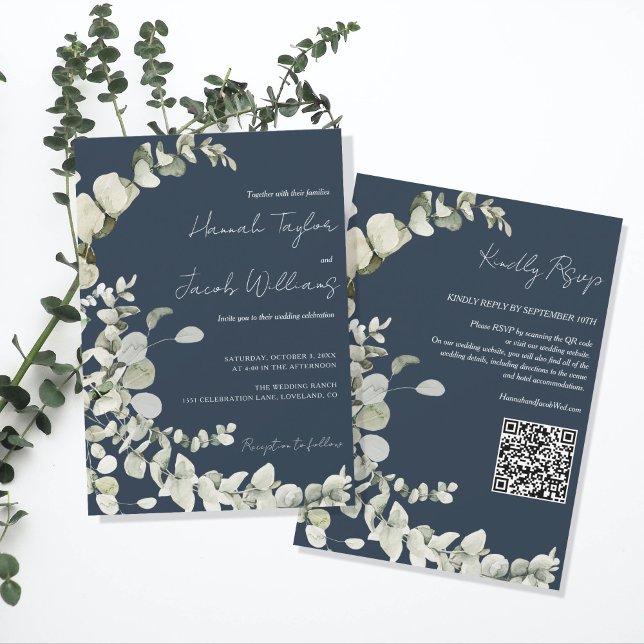 Convite Casamento Azul com Marinho de Código QR Eucalyptus (navy blue qr code wedding invitation)